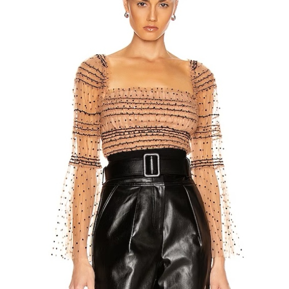 SELF-PORTRAIT Shirred Polka Dot Top nude lace ruffle